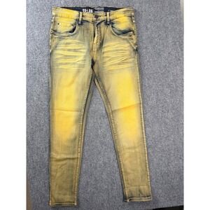 Spark Mens 32x32 Slim Fit Jeans Yellow Tint Acid Wash Stretch Denim Streetwear